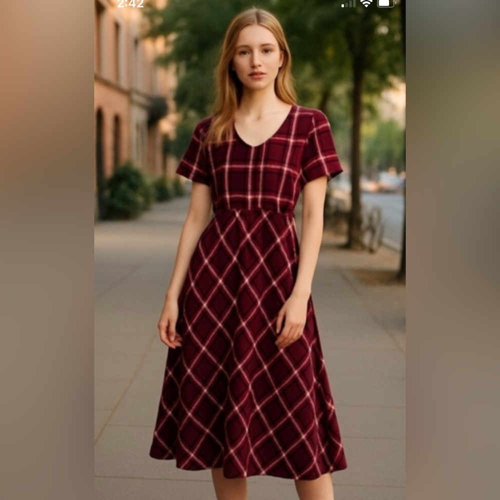 J Jill Red Plaid Rayon Fit Flare Midi Short Flutter Sleeve Dress Size Medium